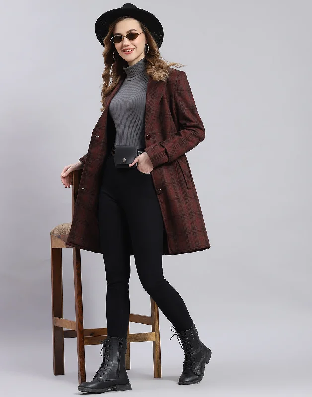 Early Bird Offer Women Maroon Check Lapel Collar Full Sleeve Coat