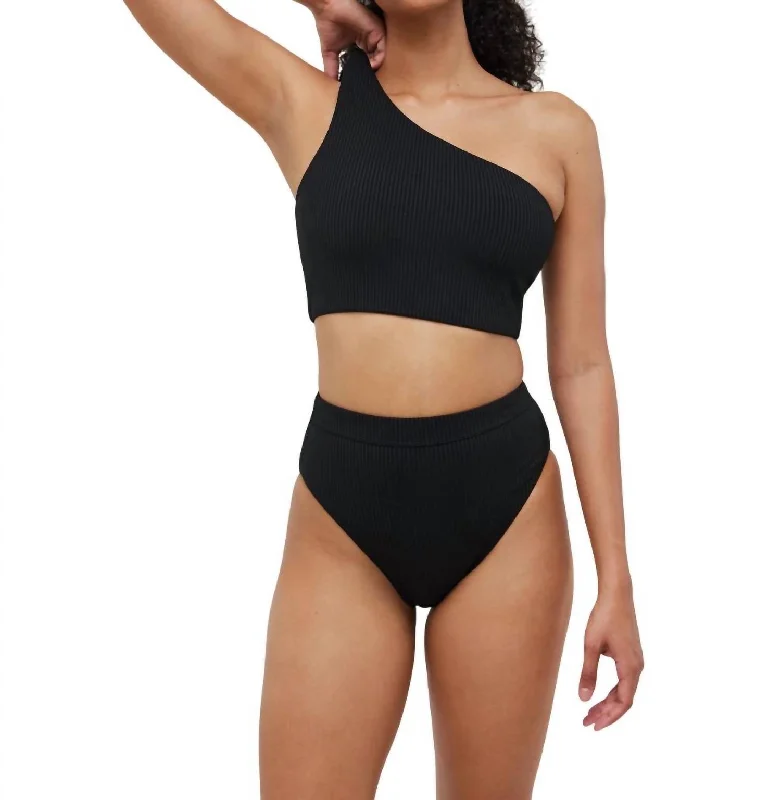 Women's Casual Attire Ribbed One-Shoulder Longline Bikini Top In Black