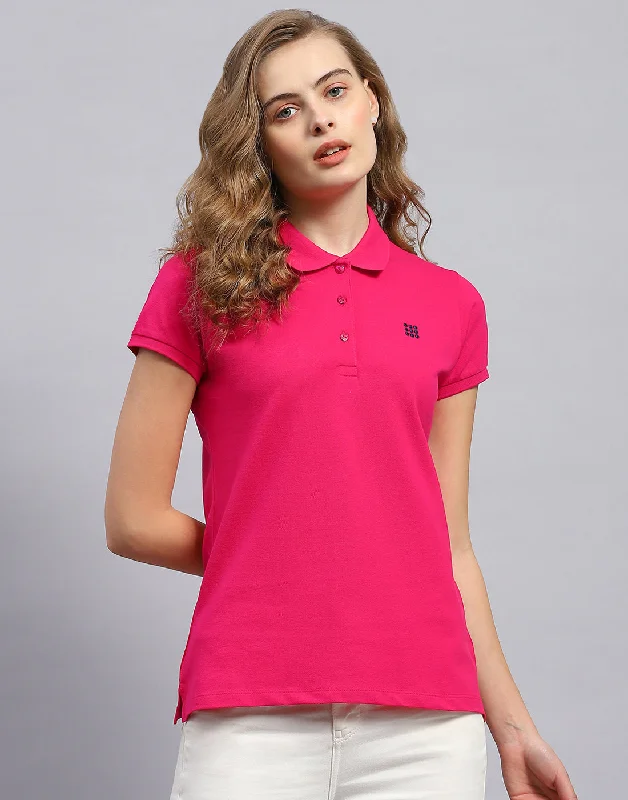 Women's Holiday Clothing Women Pink Solid Polo Collar Half Sleeve T-Shirt