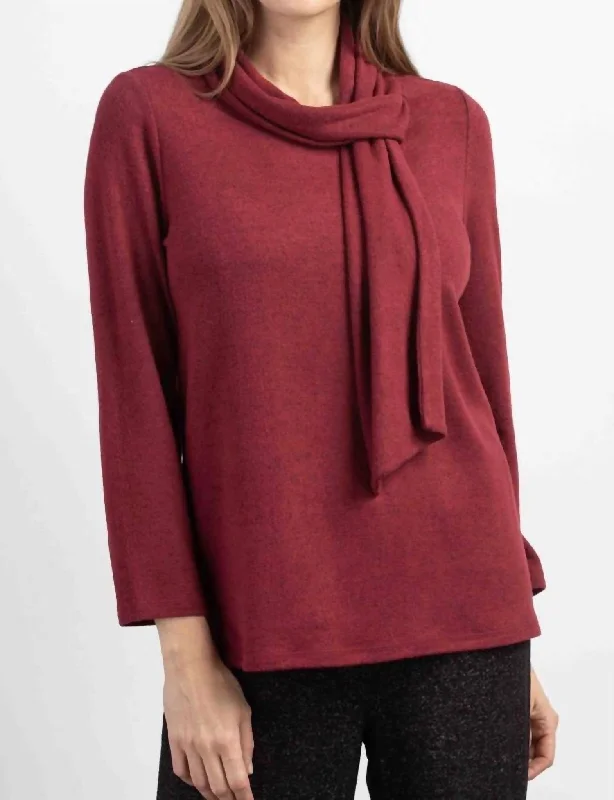 Women's Clothes Cozy-Up Fleece Tie Neck Pullover In Cranberry