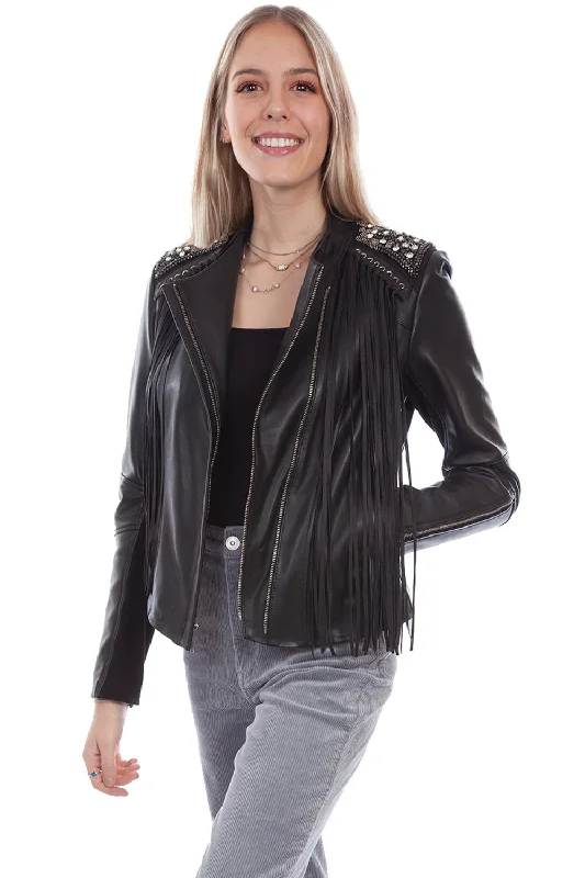 Affordable Women's Clothing Online Scully Womens Studded Fringe Black Lamb Leather Leather Jacket