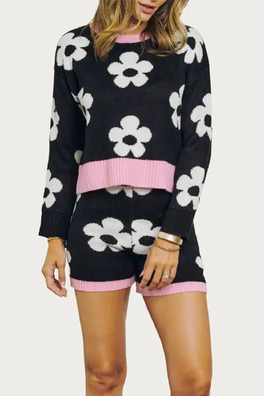 Women's Travel Garments Retro Floral Knit Crewneck Cropped Sweater In Black/white/pink