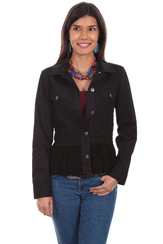 Women's Chic Outerwear Attire Scully Womens Black Cotton Blend Lace Inset Denim Jacket