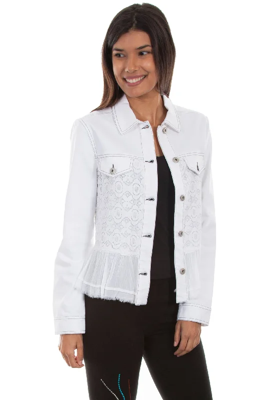 Women's Stylish Outerwear Scully Womens White Cotton Blend Lace Inset Denim Jacket