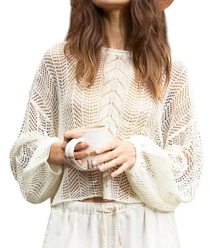 Seasonal Women's Fashion Trends Openwork Balloon Sleeve Knit Cover Up In Ivory