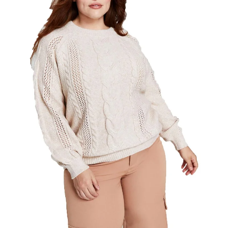 Plus Size Women's Fashion Womens Crewneck Mixed-Knit Pullover Sweater