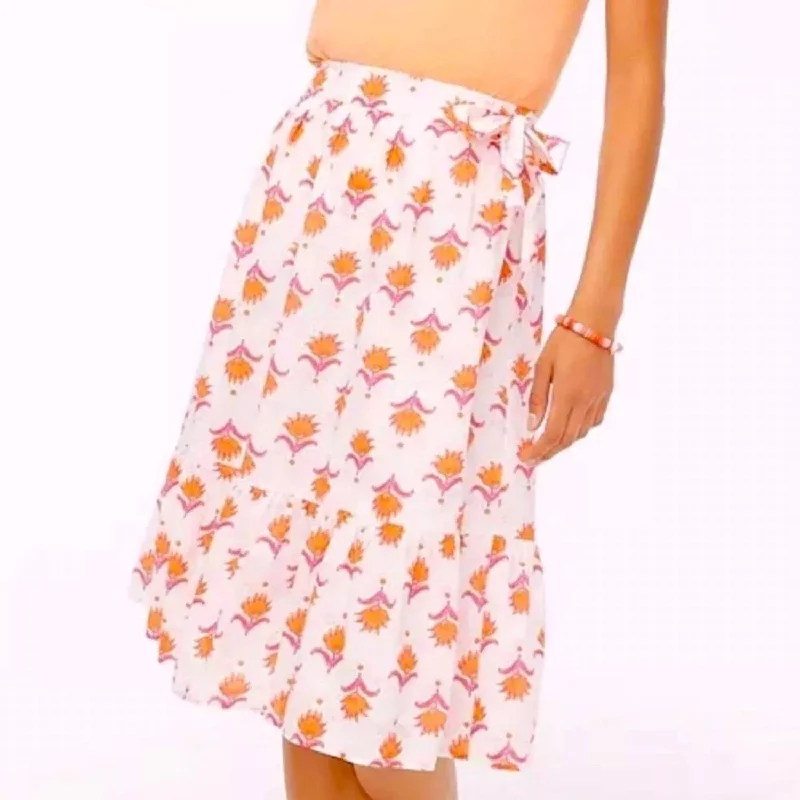 Women's Street Style Casual Wear Tiered Faux Wrap Print Skirt In Orange White Cotton