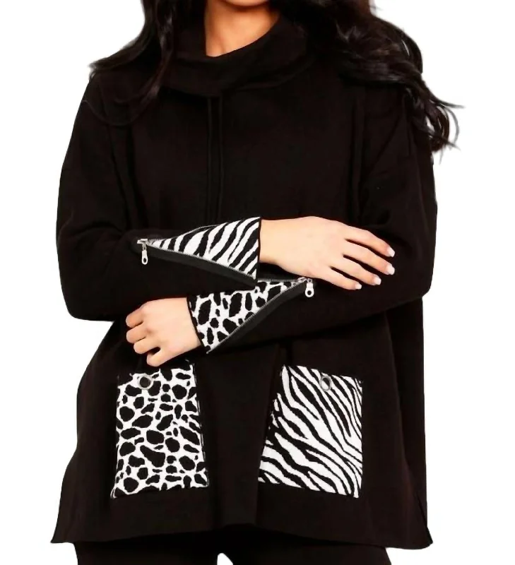 Women's Trendy Attire Animal Print Pocket Poncho In Black/white