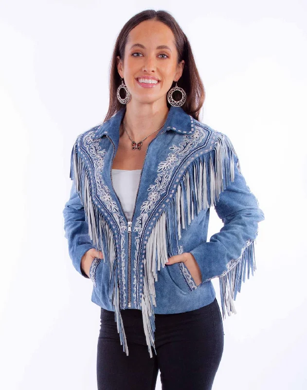 Comfortable Loungewear for Women Scully Womens Fringe Zip Front Blue Leather Leather Jacket