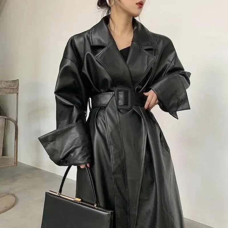 Modern Women's Fashion with Vintage Touches Black Oversized Leather Trench Coat for Women