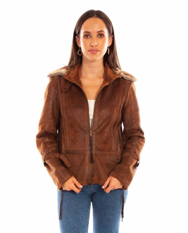 Women's Clothing Sets Scully Womens Bomber Aviation Brown 100% Polyester Faux Leather Jacket