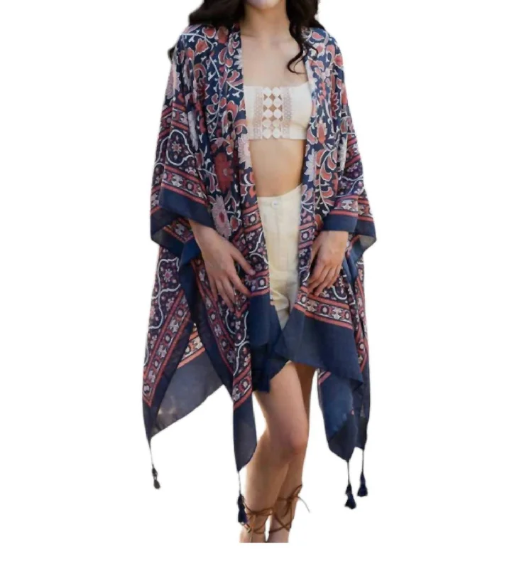 Women's Casual and Dressy Outfits Moroccon Pattern Kimono In Navy