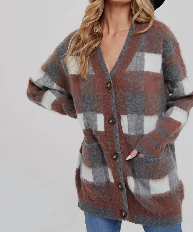 Women's Seasonal Apparel Tartan Plaid Print Cardigan In Brown Multi