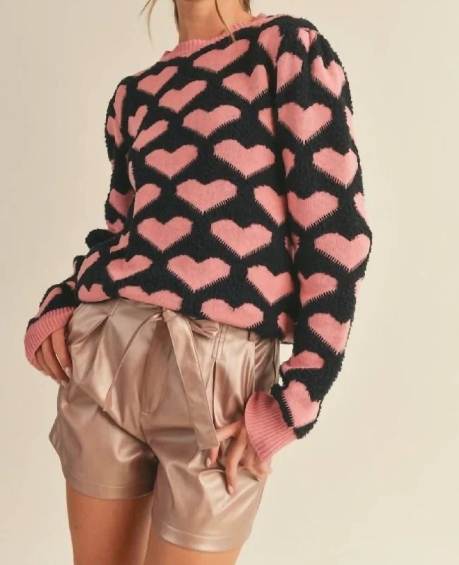 Women's Clothing Crewneck Knit Heart Sweater In Black/pink