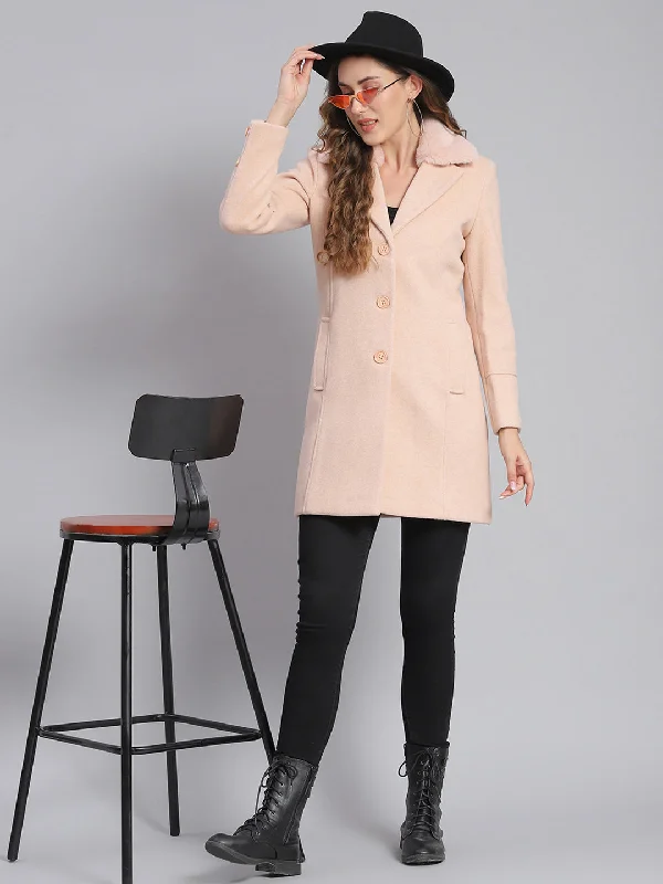 Sophisticated Women's Fashion Women Pink Solid Lapel Collar Full Sleeve Coats