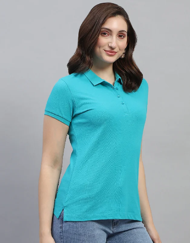 Casual Clothes For Women Women Turquoise Blue Solid Collar Neck Half Sleeve T Shirt