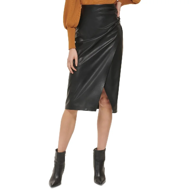 Women's Fashion Clothing Womens Faux Leather Midi A-Line Skirt