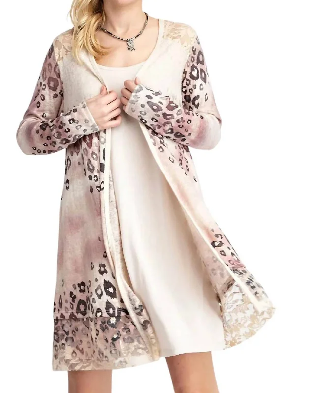 Women's Evening Wear Outfit Leopard Cardigan With Lace Detail In Multi