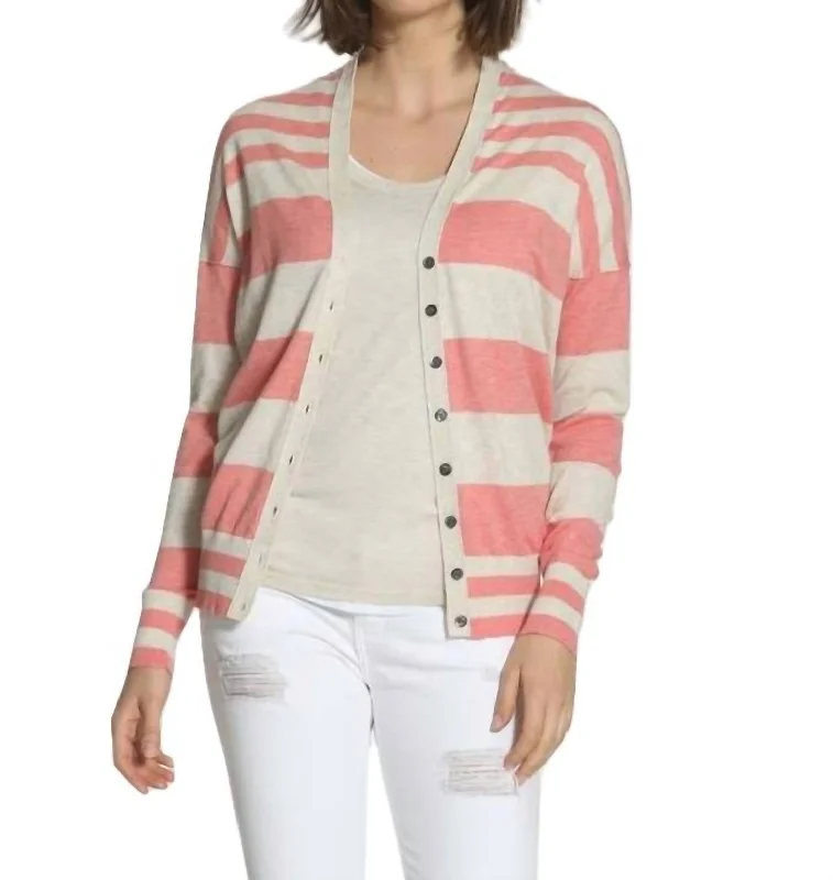 Women's Clothing For Outdoor Activities Striped Cotton Cardigan In Coral/ecru