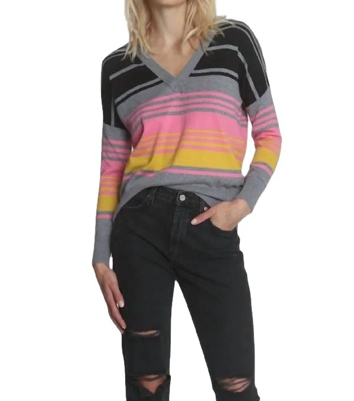 Women's Travel Apparel Sunrise Stripe Vee Top In Pink Multi