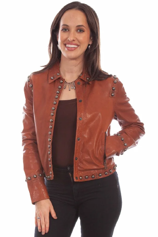 Women's Evening Clothing Scully Womens Snap Front Studded Brown Leather Leather Jacket