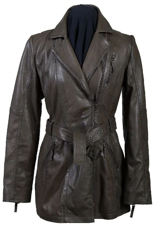 Women's Resort Attire Scully Womens Olive Lambskin Belted Zip Jacket