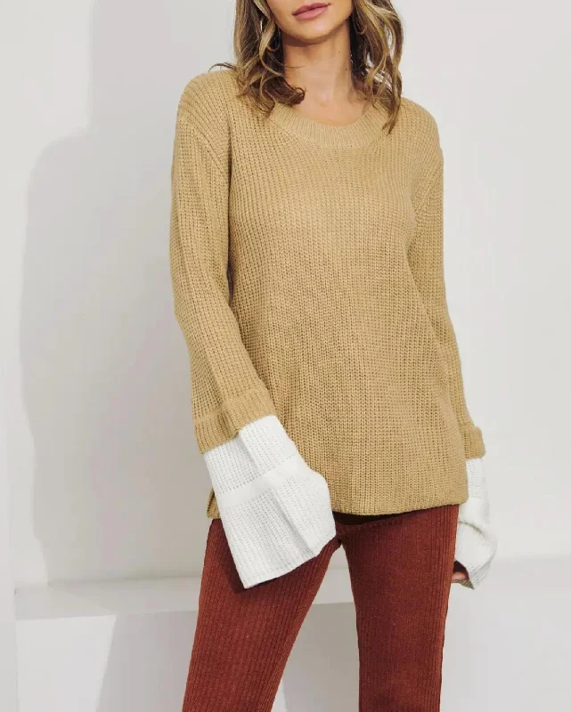 Women's High-Fashion Garments Layered Sleeve Knit Sweater In Beige