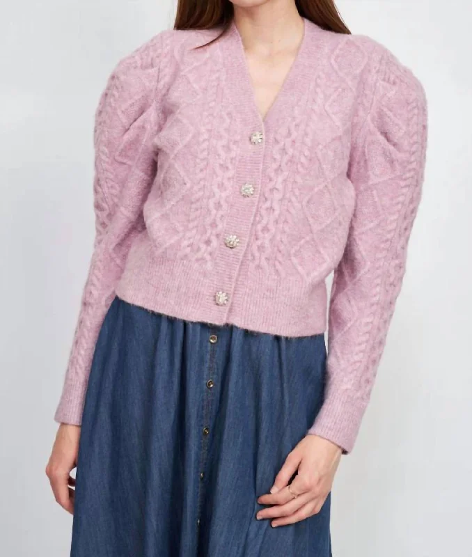 Comfortable Casual Wear Sirka Cable Knit Puffed Sleeve Cardigan In Lilac