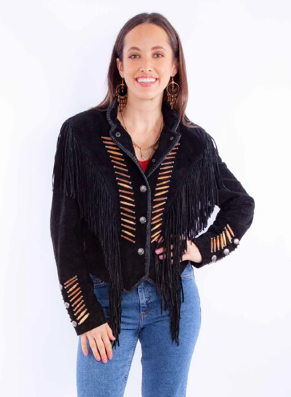 Plus-Size Women's Clothing Scully Womens Whip Stitch Fringe Black Leather Leather Jacket