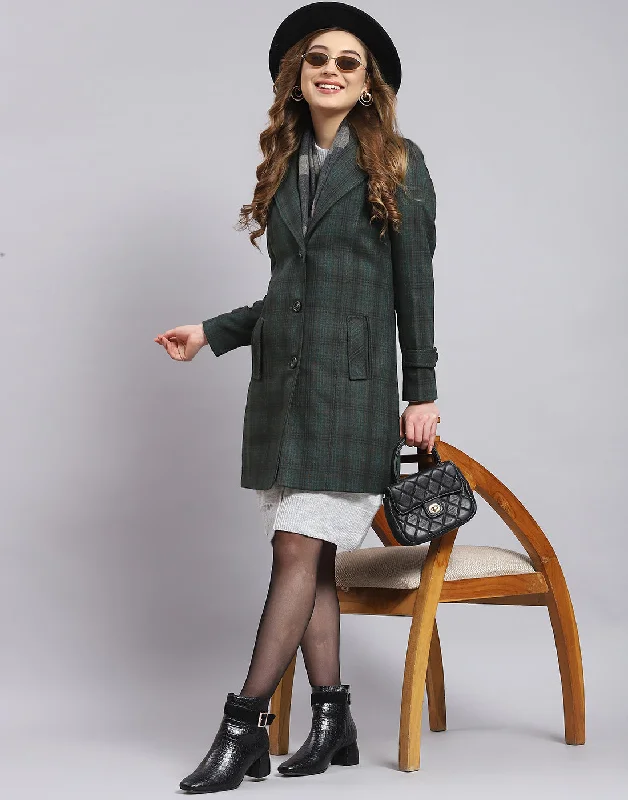 Affordable Women's Clothing Online Women Green Check Lapel Collar Full Sleeve Coat