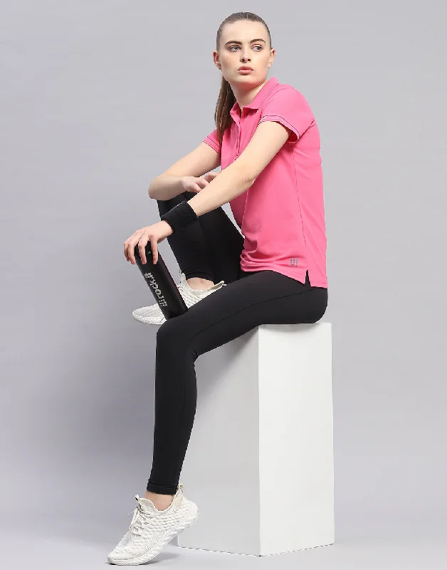 Women's Sporty Chic Clothes Women Pink Solid Polo Collar Half Sleeve T-Shirt