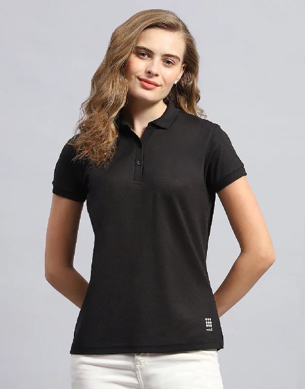 Women's Clothes For Outdoor Events Women Black Solid Polo Collar Half Sleeve T-Shirt