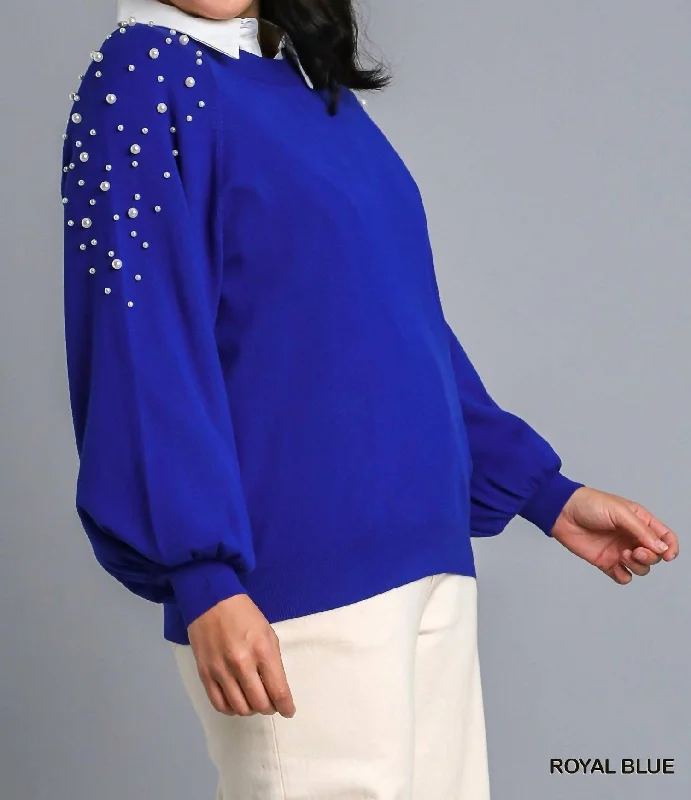 Women's Travel Attire Round Neck Pullover Sweater With Long Sleeve Pearl Details In Blue