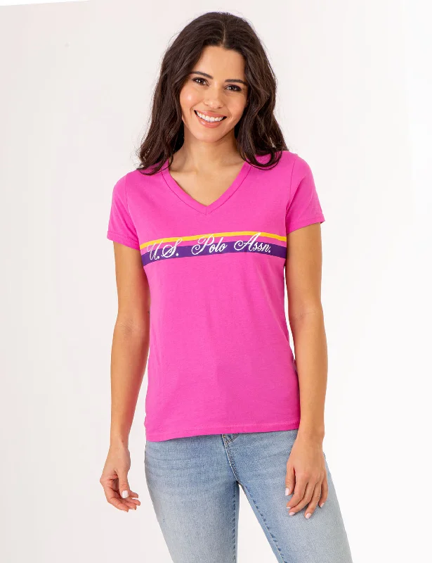 Women's Seasonal Clothes V-NECK STRIPE FOIL GRAPHIC T-SHIRT