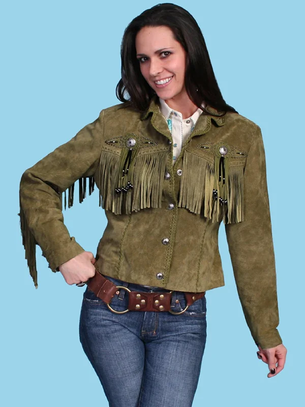 Versatile Women's Fashion Scully Womens Fringe Beaded Olive Leather Leather Jacket