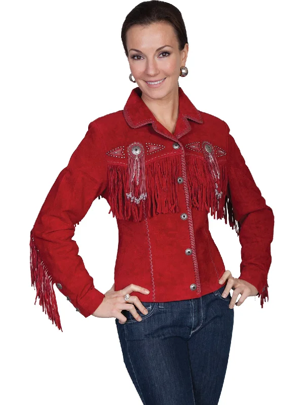 Chic Women's Clothing for Date Nights Scully Leather Womens Beaded Fringe Conchos Boar Suede Jacket Red