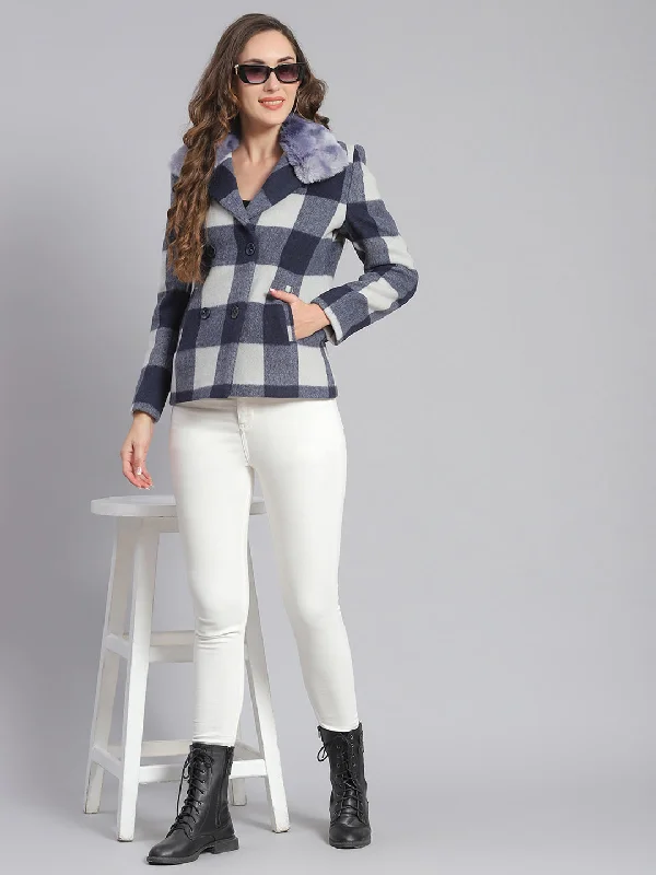 Sale On Sale Women Blue Check Collar Full Sleeve Coats