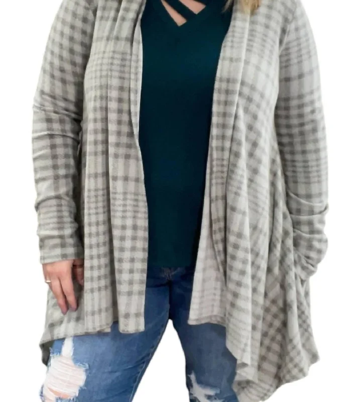 Women's Holiday Apparel Plaid Fleecy Cardigan In Gray