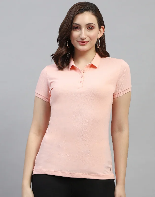 Women's Functional Apparel For Outdoor Activities Women Peach Solid Polo Collar Half Sleeve T Shirt