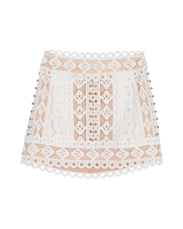 Women's Casual Apparel For Weekends Zimmermann Moncur Studded Broderie Mini Skirt in White Cotton