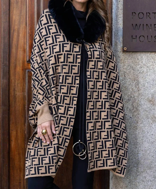 Vintage-Inspired Garments Camel/black Knit Poncho In Black/camel