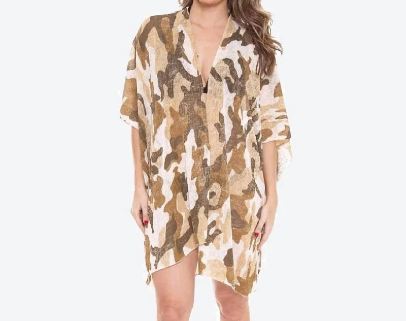 Women's Clothes For Outdoor Events Lightweight Camouflage Print Kimono In Camel Tan