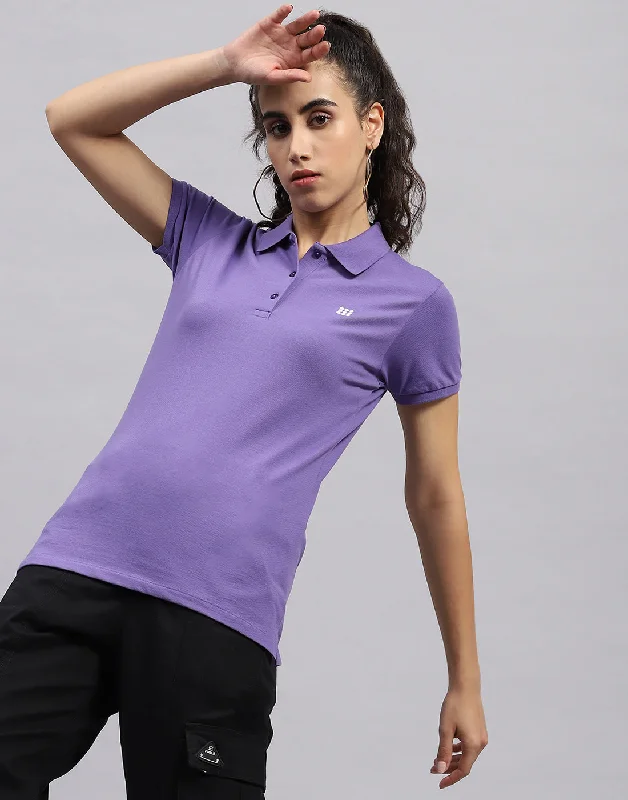 Women's Formal Clothes Women Purple Solid Polo Collar Half Sleeve T Shirt