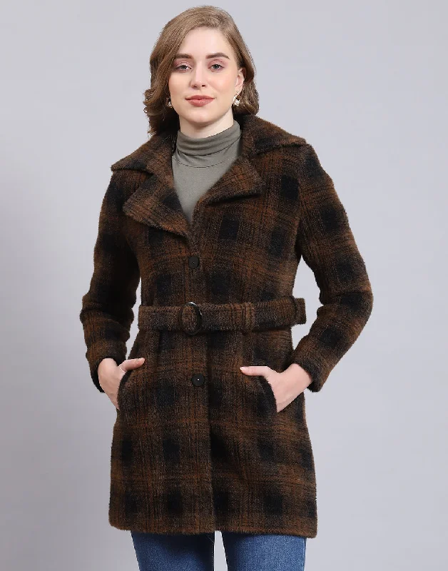 Women's Casual and Dressy Outfits Women Brown Check Lapel Collar Full Sleeve Coat