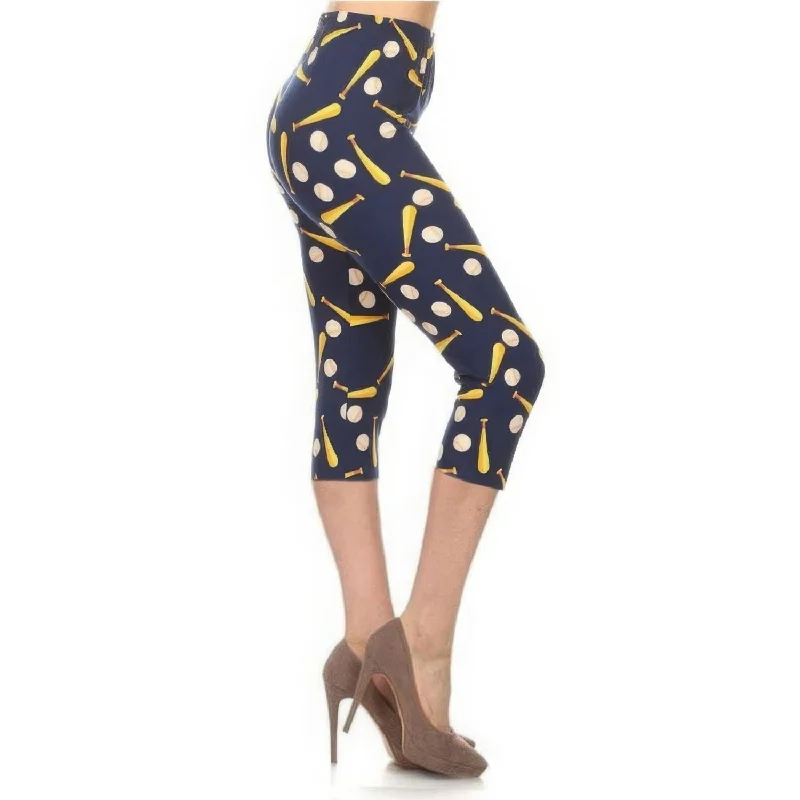 Women's High-Fashion Clothes Baseball Printed, High Waisted Capri Leggings In A Fitted Style With An Elastic Waistband