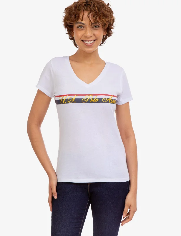 Women's Athletic Apparel V-NECK STRIPE FOIL GRAPHIC T-SHIRT