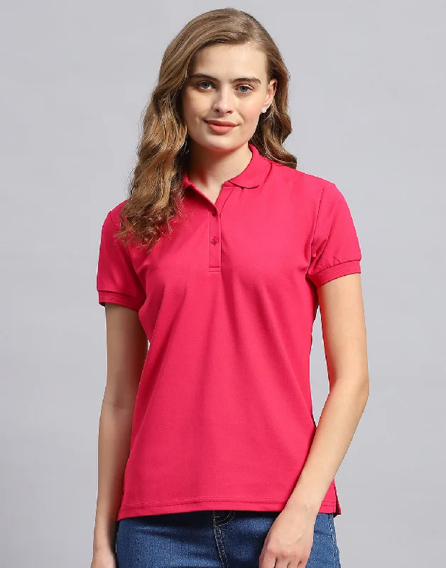 Casual Chic Women's Clothes Women Pink Solid Polo Collar Half Sleeve T-Shirt