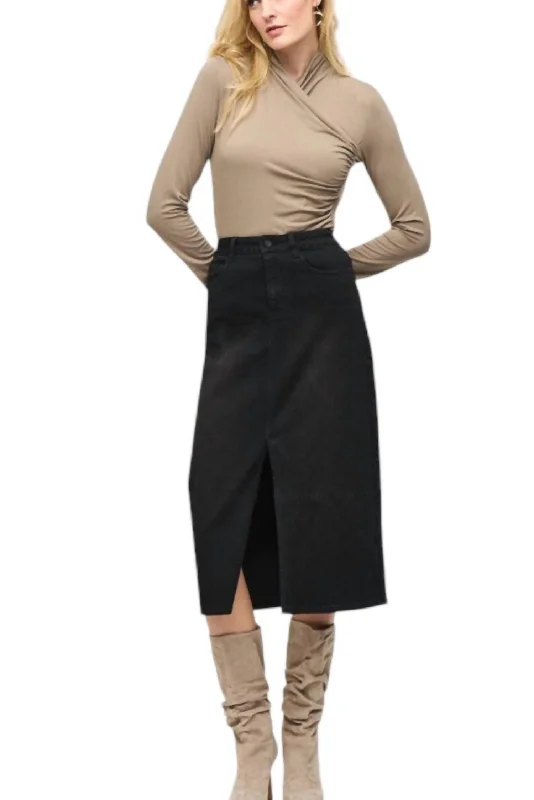 Women's Vacation Outfit Denim Front Slit Midi Skirt In Black