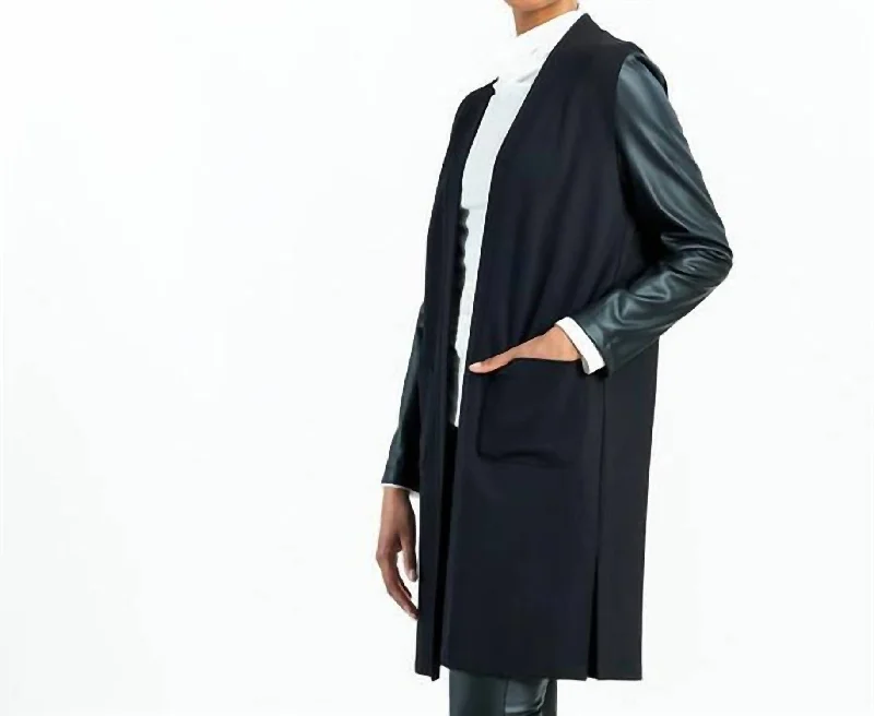 Clothing Brands Ponte + Liquid Leather Sleeve Cardigan In Black