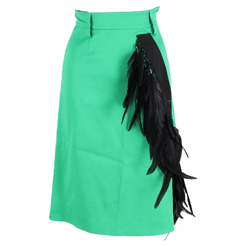 Easygoing Women's Style Prada Feather-Trimmed Knee-Length A-Line Skirt in Green Wool